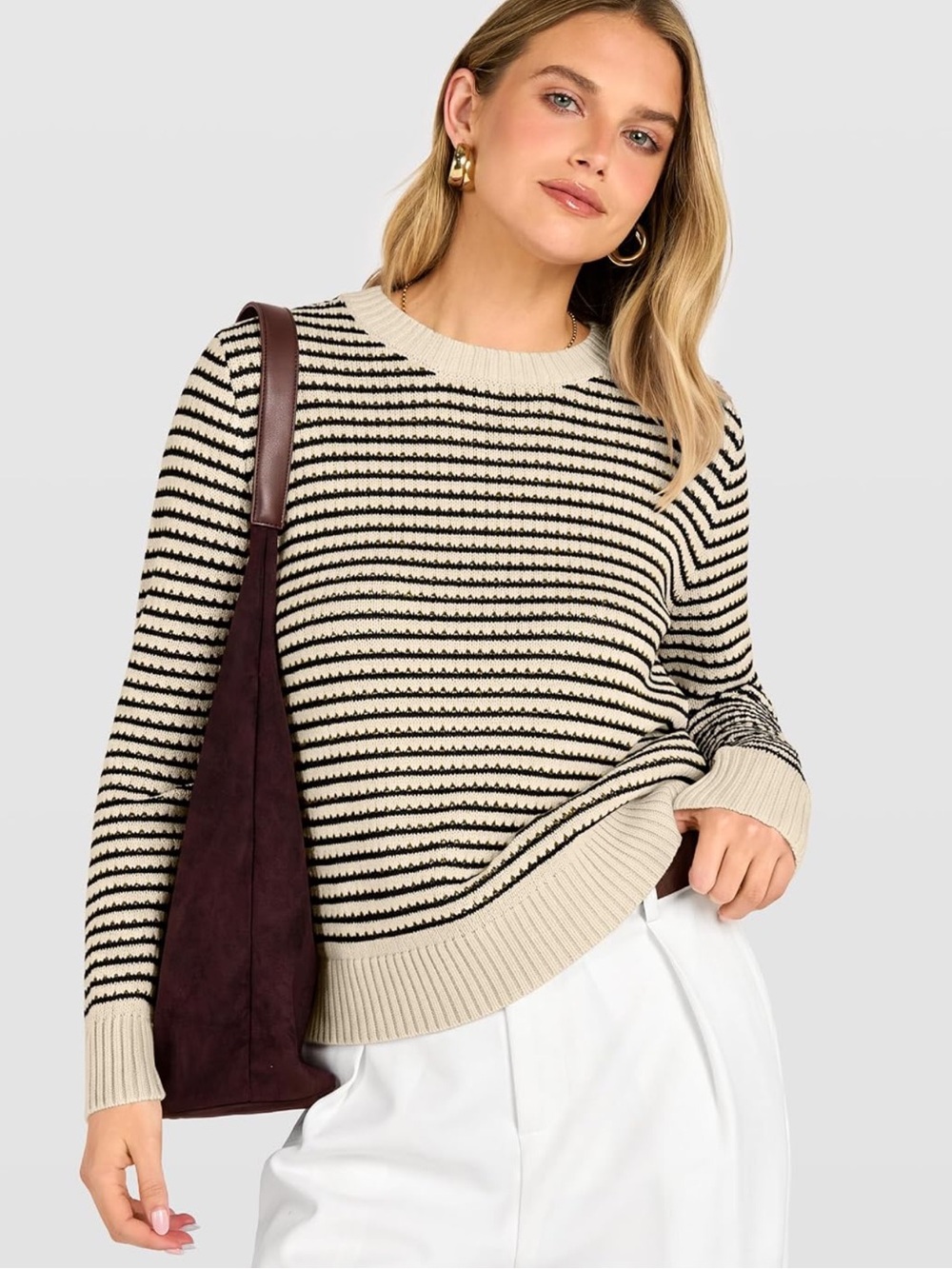 Striped Apricot and Black Crewneck Sweater